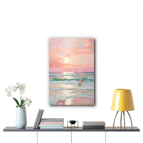 Affiche Toile Coucher Soleil Pastel Rose Carmin Plage-5