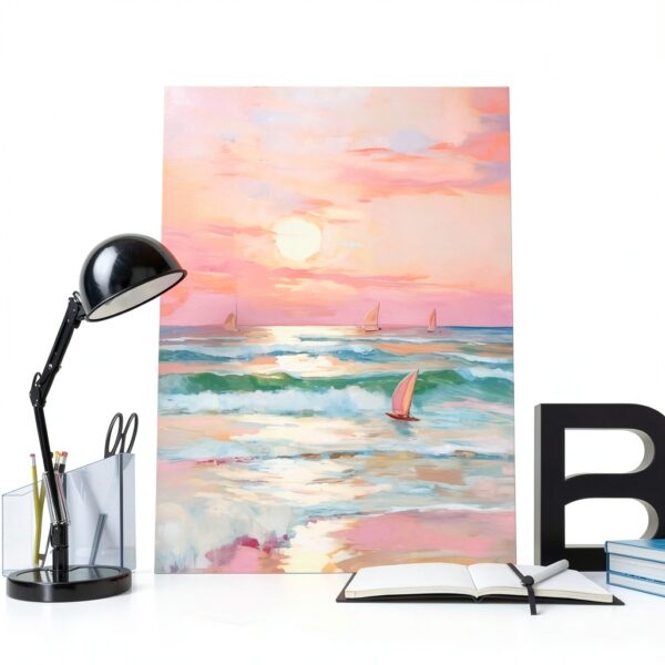 Affiche Toile Coucher Soleil Pastel Rose Carmin Plage-7