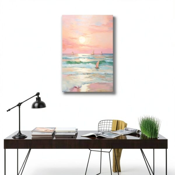 Affiche Toile Coucher Soleil Pastel Rose Carmin Plage-2