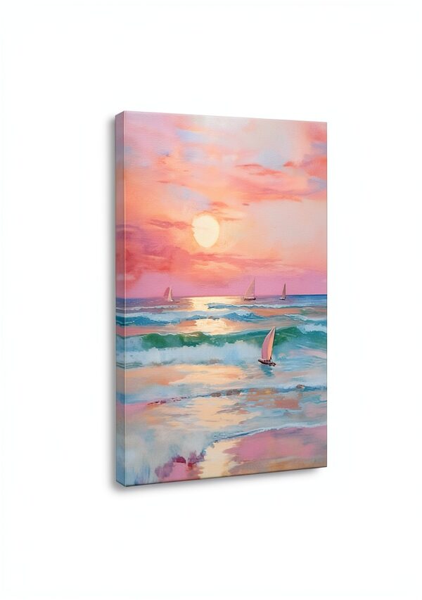 Affiche Toile Coucher Soleil Pastel Rose Carmin Plage-1