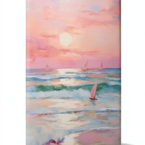 Affiche Toile Coucher Soleil Pastel Rose Carmin Plage-0