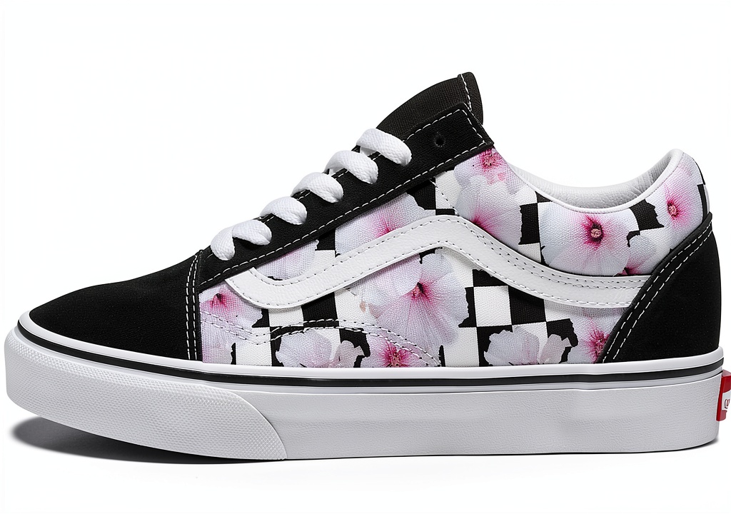 Vans Old Skool baskets en tissu Hibiscus Check Noir sur fond neutre